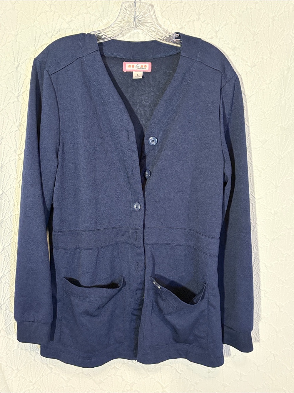 Nursing koi Navy Button-Front Scrub Jacket warm stylish comfortable